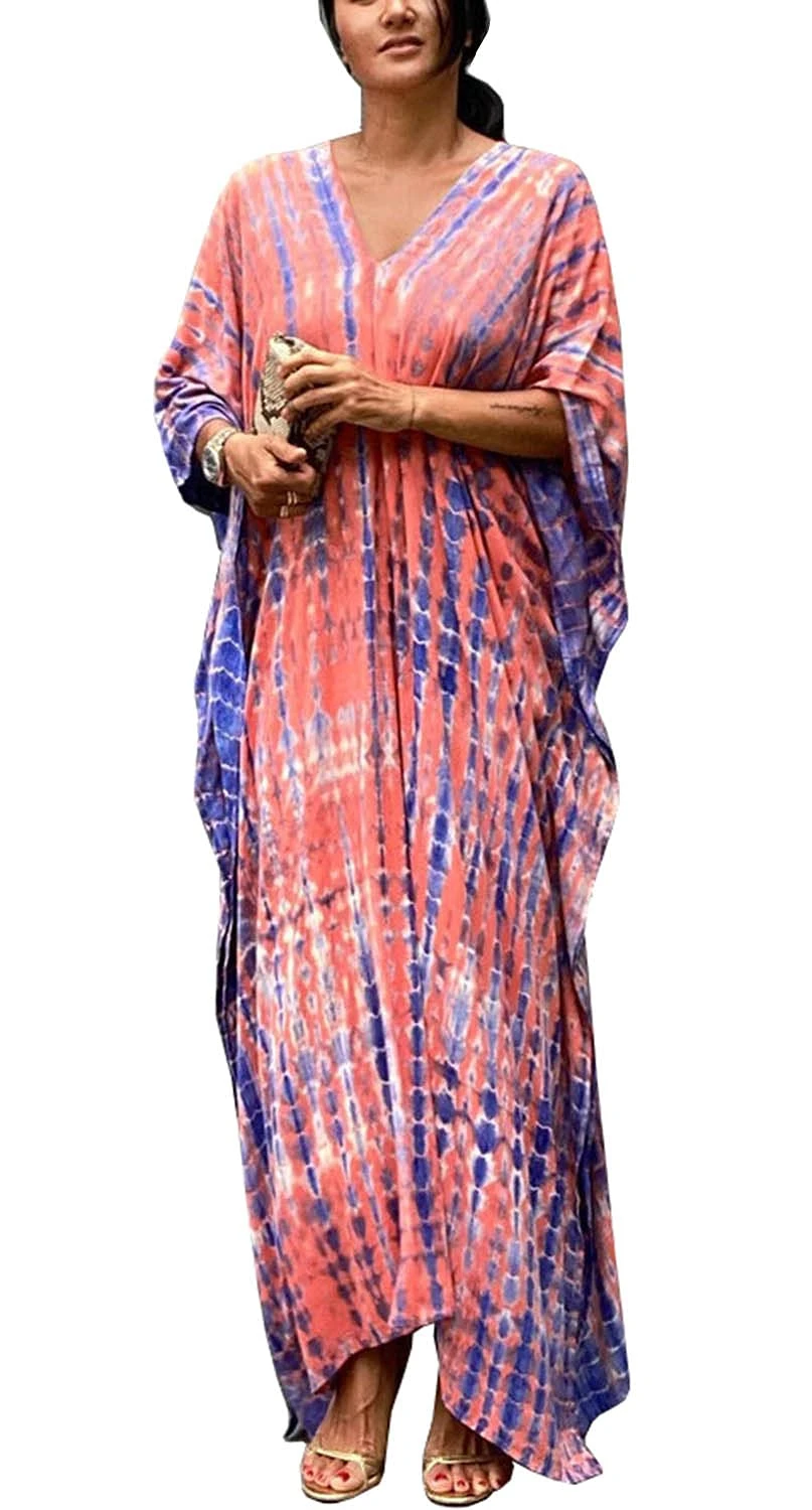 Orshoy Womens Kimono Kaftans Summer Loose Caftan Dress Bikini Cover Up Boho Sarong Tunic Swimsuit Swimwear B-Pink Purple