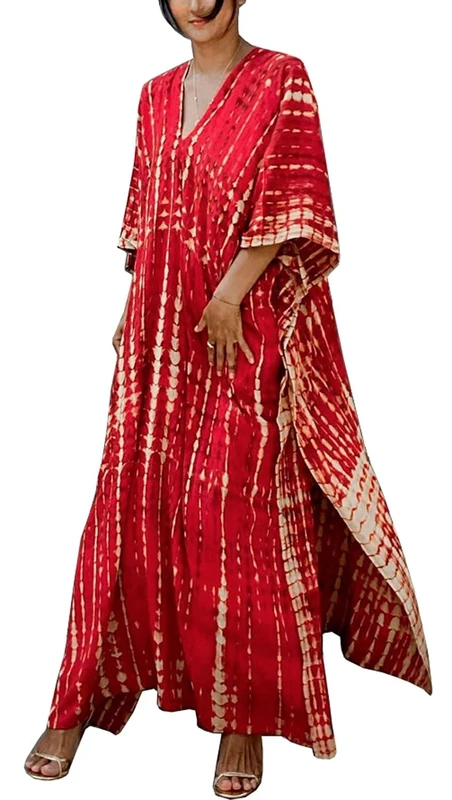 Orshoy Kaftan for Women, Caftan Dress Full Length, Maxi&Boho Style Beach Cover Ups Dress Loungewear Free Size B-Red 1