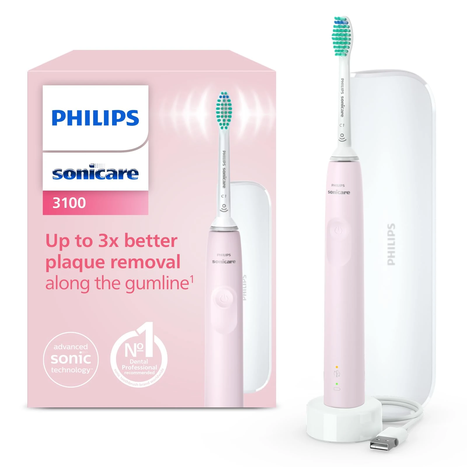 Philips Sonicare 3100 Electric Toothbrush, Sonic Toothbrush, Pressure Sensor and Timer, Travel Case, Sugar Rose, Model HX3673/11