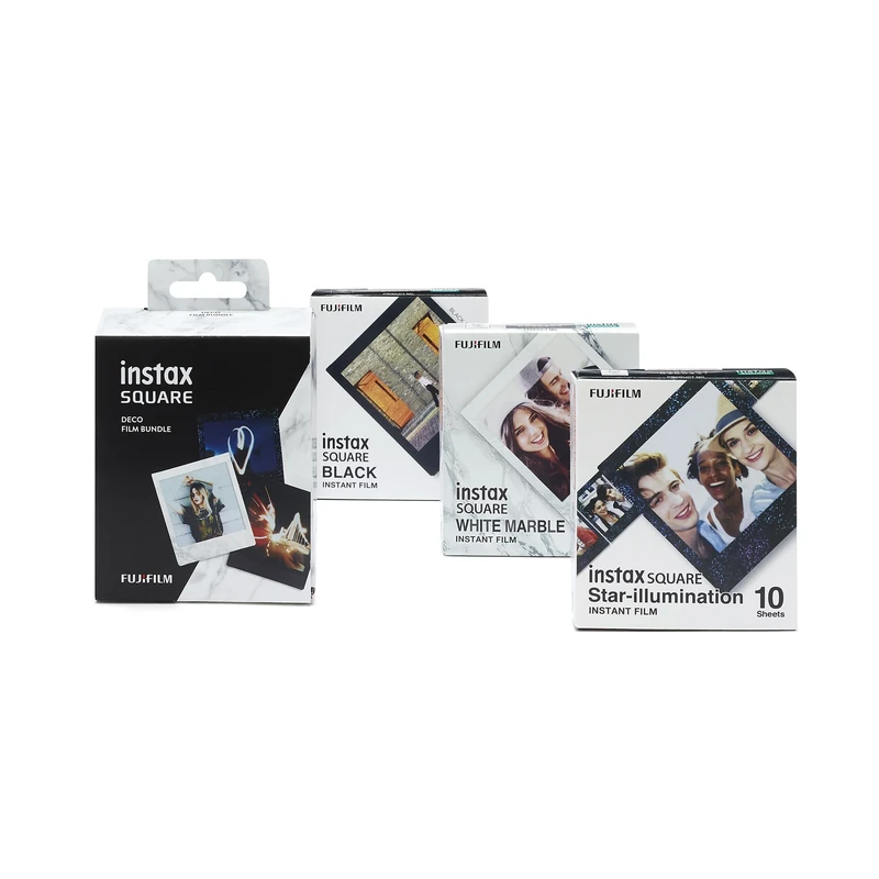 Instax SQUARE Instant Film 3 Pack Bundle, 1 X 10 Shot Black, 1 X 10 Shot White Marble, 1 X 10 Shot Star Illumination Border - Image 1
