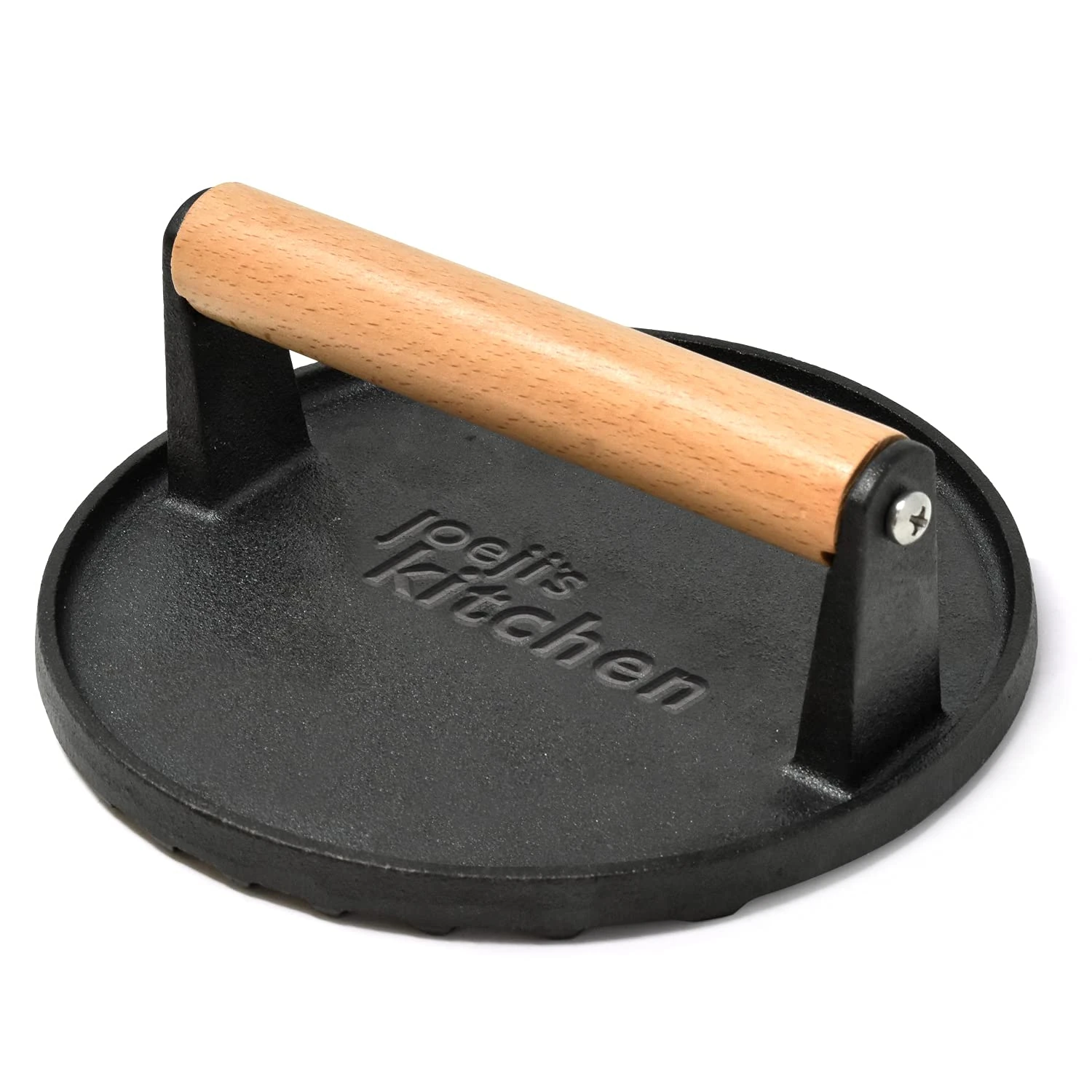 Joeji's Kitchen Burger Meat Bacon Press - Heavy Duty Cast Iron Non-Stick - Professional Burger Smasher to Sear Perfect Char Marks - Wood Handle - Ideal BBQ Grill Kitchen Accessory