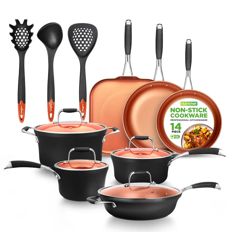 NutriChef Pan Set 14 Piece Non Stick Pots and Pans Set Induction Hob Cookware Set Aluminum Frying Pans Cooking Pots Griddle with Lids and Utensils Copper