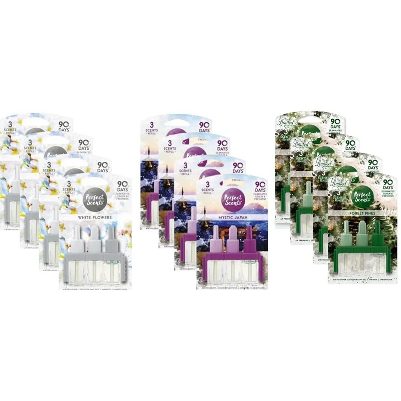 12 x 3 Scents Refill Air Freshener - Compatible with 3volution White flowers Mystical Japan & Forest Pine