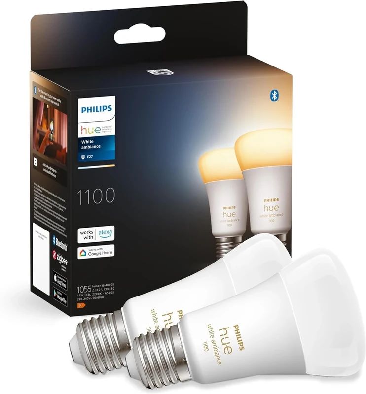 Philips Hue New White Ambiance Smart Light Bulb 2 Pack 75W - 1100 Lumen [E27 Edison Screw] with Bluetooth. Works with Alexa, Google Assistant and Apple Homekit.