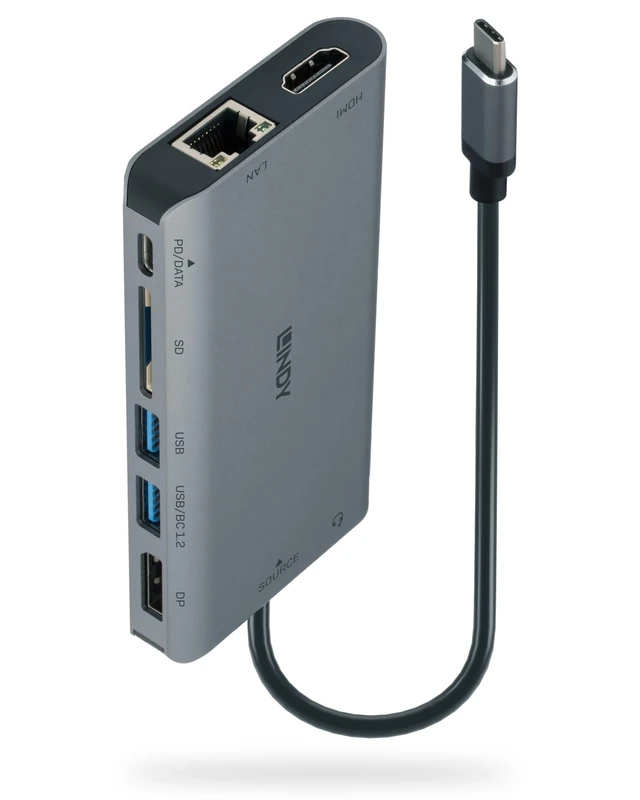 Lindy DST-Mini XT, USB-C Laptop Docking Station, Supports 2 Displays, 1x 4K / 2x Full HD, HDMI, DP, 2x USB-A 3.2 5Gbps, 1x USB-C Data & PD 3.0 100W, BC 1.2, Gigabit LAN, HP Mac Acer Dell Asus Lenovo