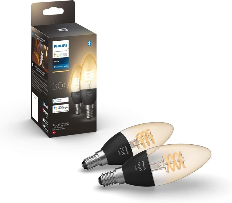Philips Hue Warm White Filament Candle Smart Light Bulb 2 Pack [E14 Small Edison Screw] with Bluetooth. Works with Alexa, Google Assistant and Apple Homekit.