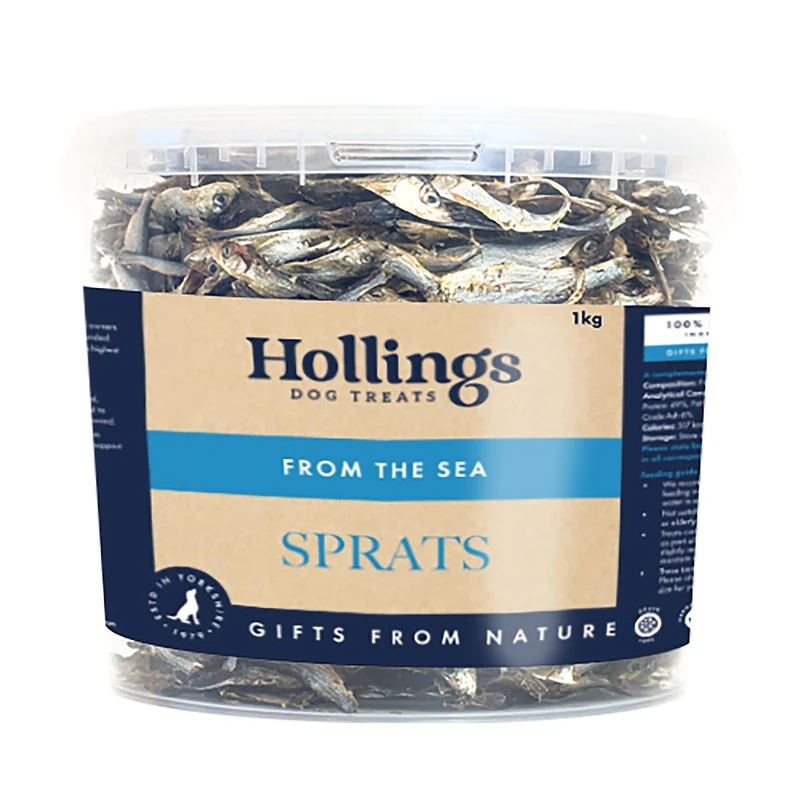 Hollings Sprats Dog Treats Tub, 100% Natural with Fresh Fish Air Dried Treats for Dogs, Hypoallergenic and Grain Free (1kg Tub)