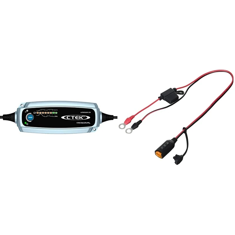CTEK Lithium XS UK Vehicle Battery Charger 40-003 - For Lithium (12V LiFePO4) Batteries - UK Plug & 56-382 Vehicle Battery Charger Comfort Indicator, Red/Black