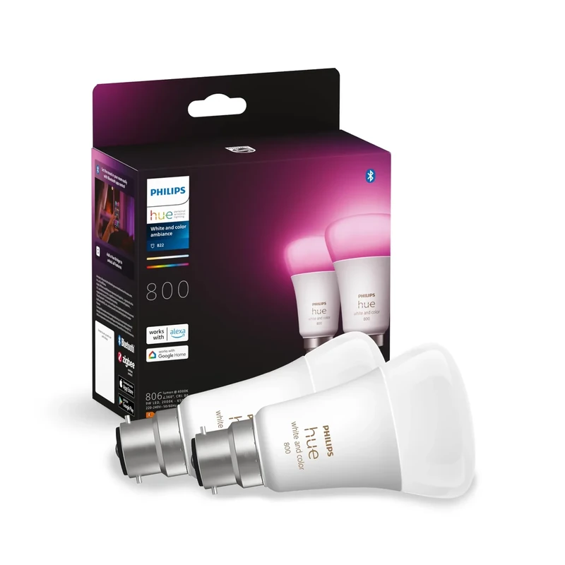 Philips Hue White and Colour Ambiance Smart Bulb Twin Pack LED [B22 Bayonet Cap] - 806 Lumens 60W Equivalent. for Home Indoor Lighting, Livingroom and Bedroom, 2 Count (Pack of 1)