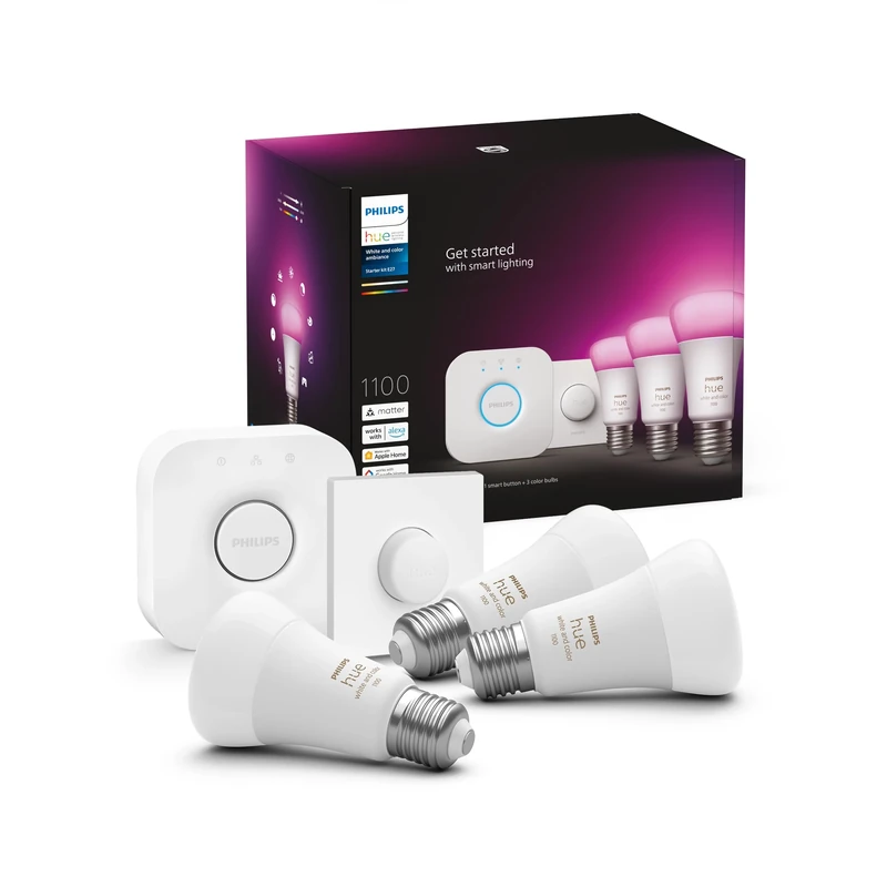 Philips Hue Starter Kit: Bridge + 3 E27 Smart Bulbs + Smart Button, White and Color ambiance, Smart Light Hub, Works with Alexa, Google Assistant, Samsung SmartThings, Apple Home