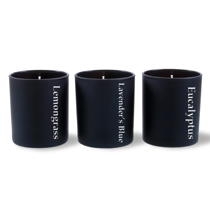 Candellana Glass Big Black Matt, Set of Three Scented Candles, 8x10cm, European Wax, Natural Cotton Wick, Anti-Mosquito, Lemongrass, Lavender, Eucalyptus, Recyclable - Image 1