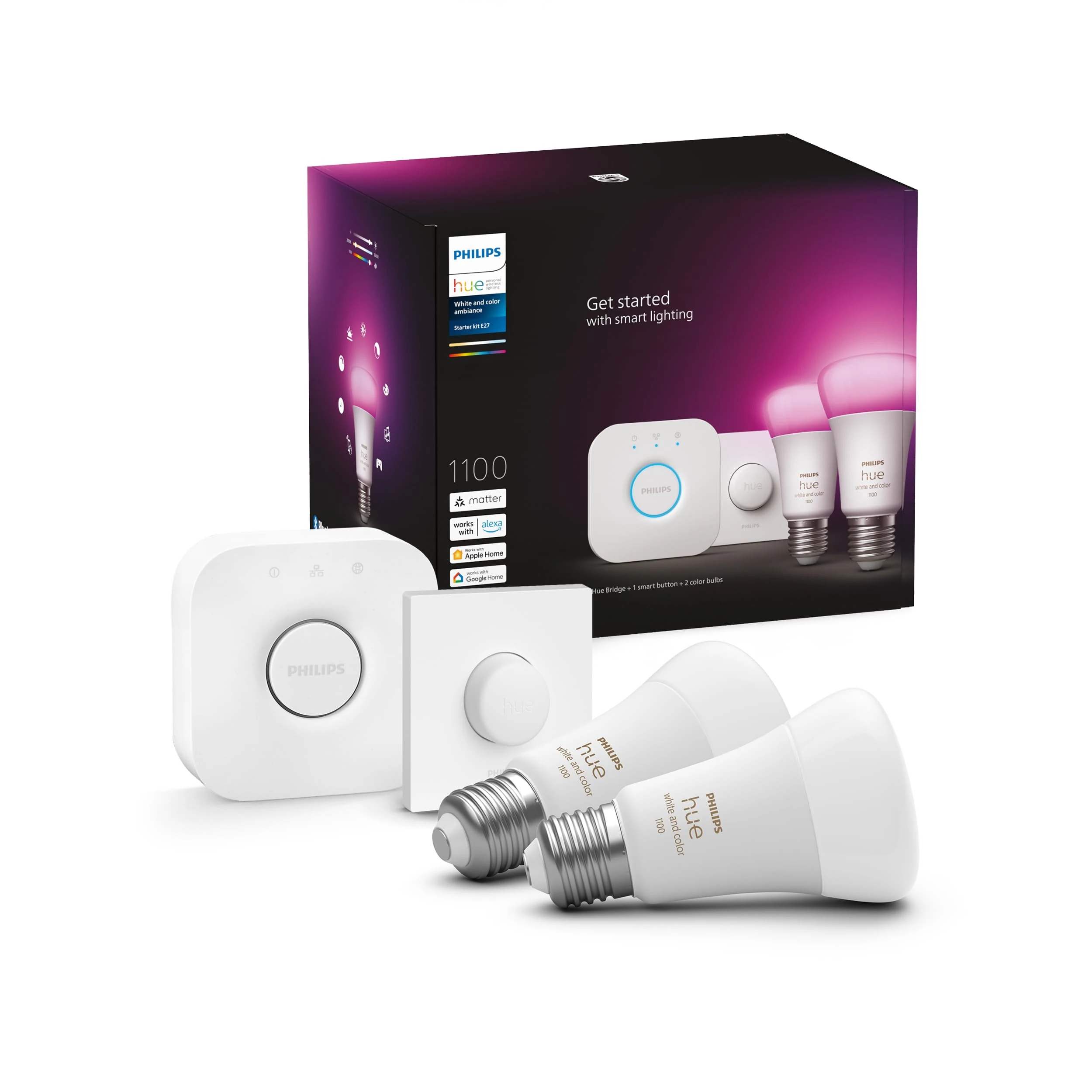 Philips Hue NEW White and Colour Ambiance Smart Light Bulb Starter Kit, 75W - 1100 Lumen [E27 Edison Screw] 2 Bulbs + Smart Button. With Bluetooth. Works with Alexa, Google Assistant and Apple Homekit