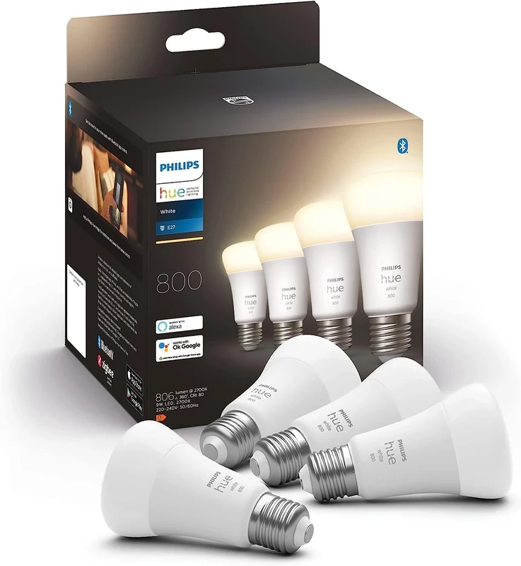 Philips Hue White Smart Bulb LED 4 Pack [E27 Edison Screw] - 800 Lumens (60W Equivalent). Works with Alexa, Google Assistant and Apple Homekit