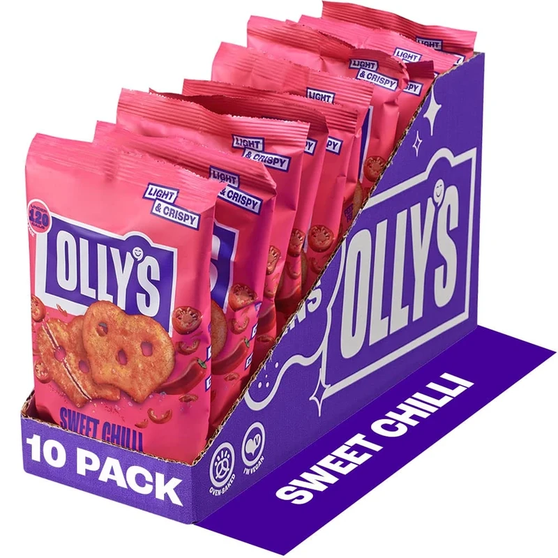 Olly's Pretzel Thins, Sweet Chilli, 35g (Pack of 10), Handy Snack Pouches, Healthy Plant-Based Vegan Snacks for Dipping, Low Calorie Snacks, Low Fat, Source of Fibre, No Preservatives