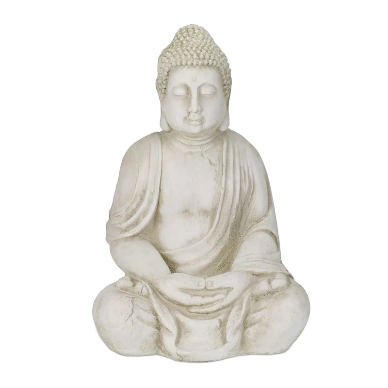Relaxdays Buddha Statue, 70 cm Height, Garden Decoration, Weather and Frost Resistant, Living Room Deco, Cream White