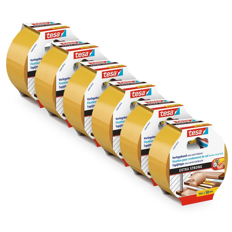 tesa Nastro adesivo extra forte in confezione da 6 pezzi – Nastro biadesivo per la posa di tappeti e rivestimenti in PVC – biadesivo – 10 m x 50 mm