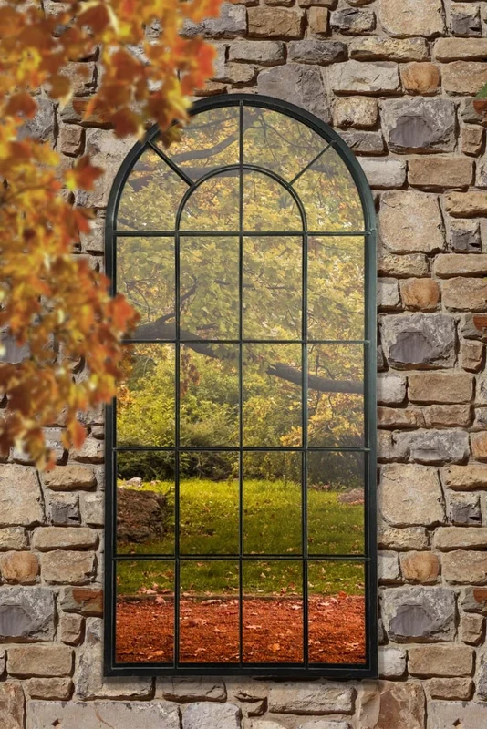 MirrorOutlet Milton manor Black Multi Panel Arched Window Garden Outdoor Mirror 4ft7 x 2ft2 147cm x 65cm, GMA017-M, Frameless