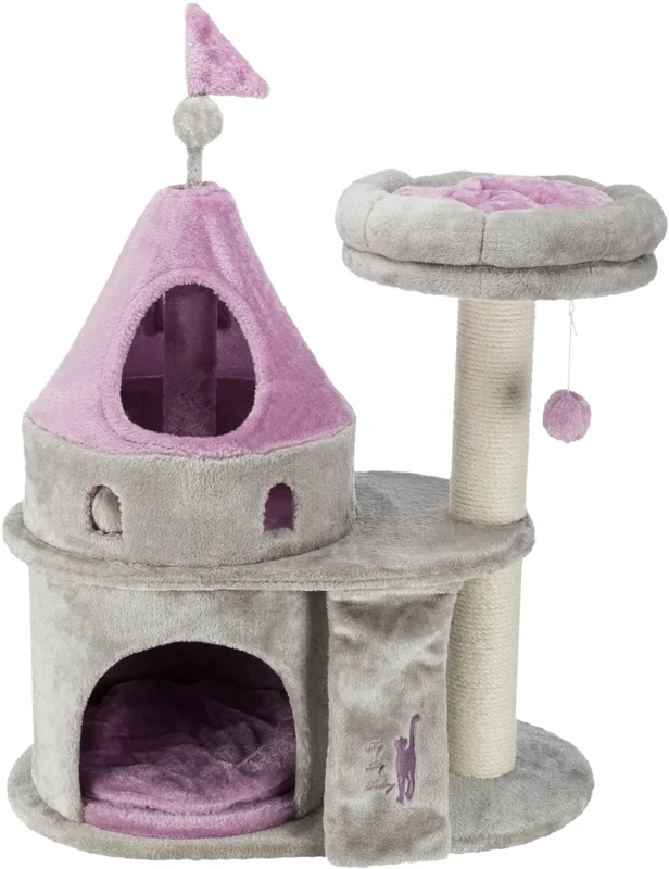 Trixie My Kitty Darling Castle Condo, Scratching Post, Cat Tree, Cat Furniture, Pom Pom, Removable Cushion, Gray/Pink, L