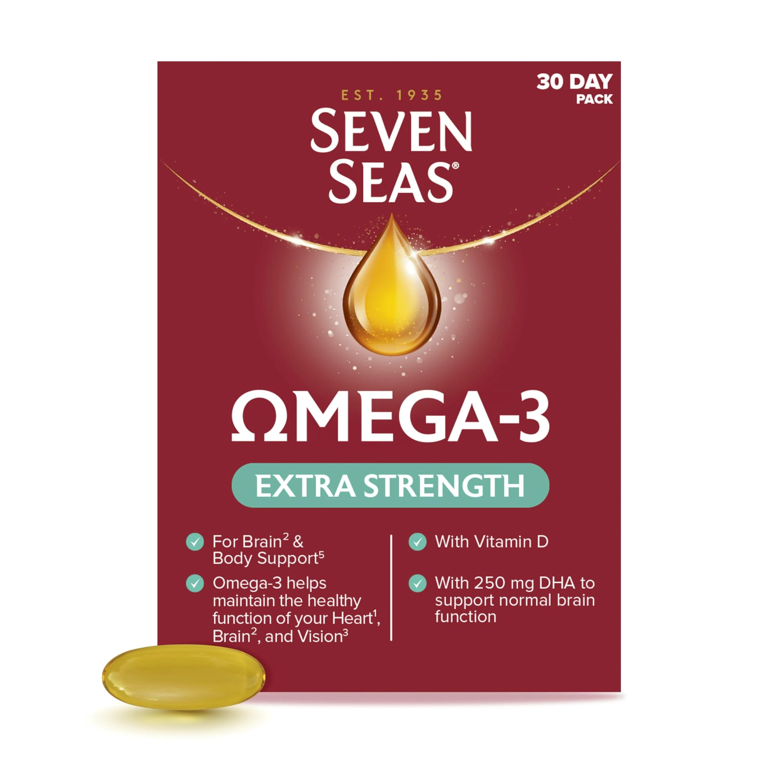 Seven Seas Omega-3 Fish Oil, Extra Strength, Omega 3 plus Vitamin D For Whole Body Healthplus, 30 One-A-Day Capsules, 1 Month Supply