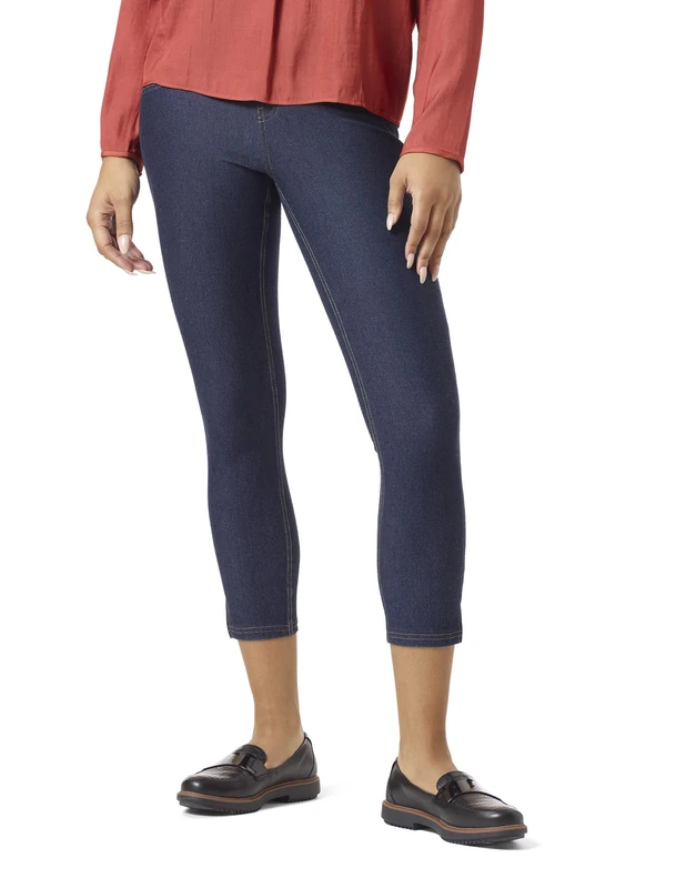 HUE Women's Ankle Slit Essential Denim Capri Hosiery, Deep Indigo Wash, Large