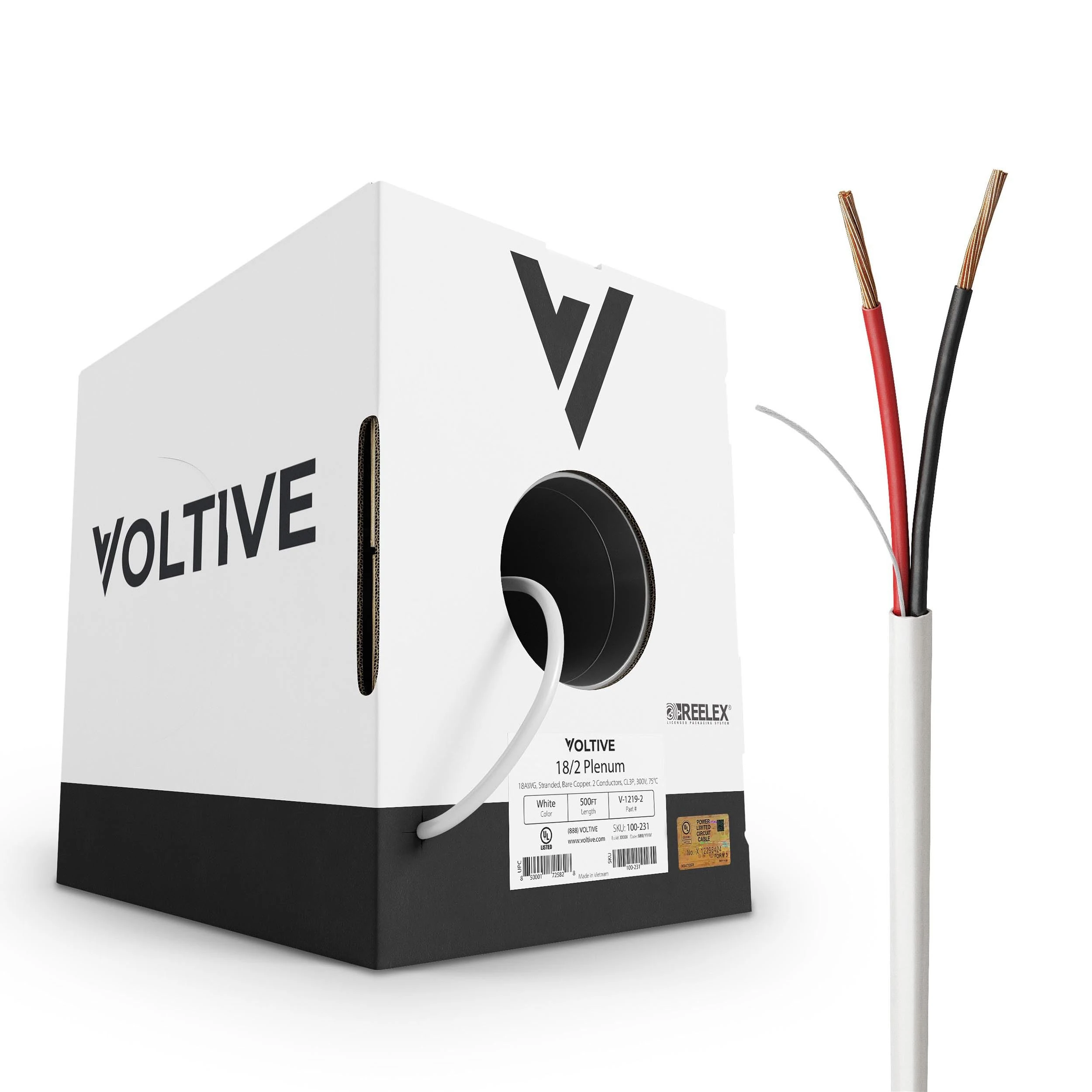 Voltive 18/2 Plenum Low Voltage Wire, 500ft, White - Stranded Bare Copper - UL Listed CL3P Rated - Alarm/Security, LED Lighting, Audio/Speakers
