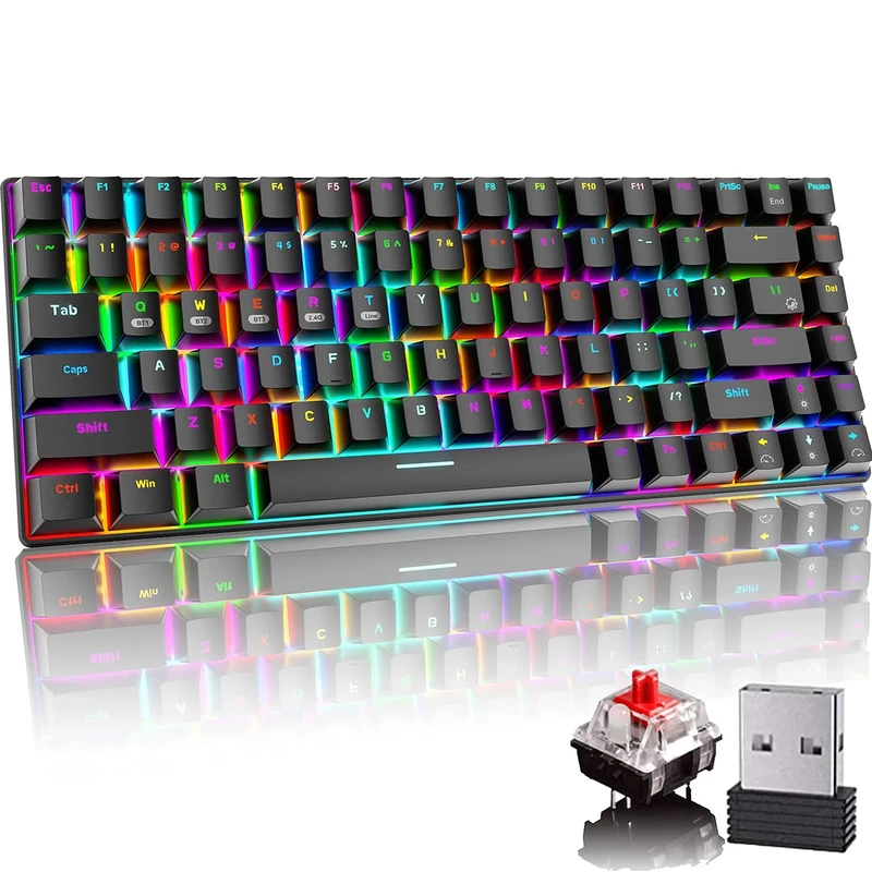 2.4Ghz Wireless/Bluetooth/Wired Mechanical Gaming Keyboard 87 Keys 3 Mode 20 Chroma RGB Backlit Compact Keyboard Red Switches with Rechargeable 3000 mAh Full Anti-ghosting Keys for Office & PC Gamer