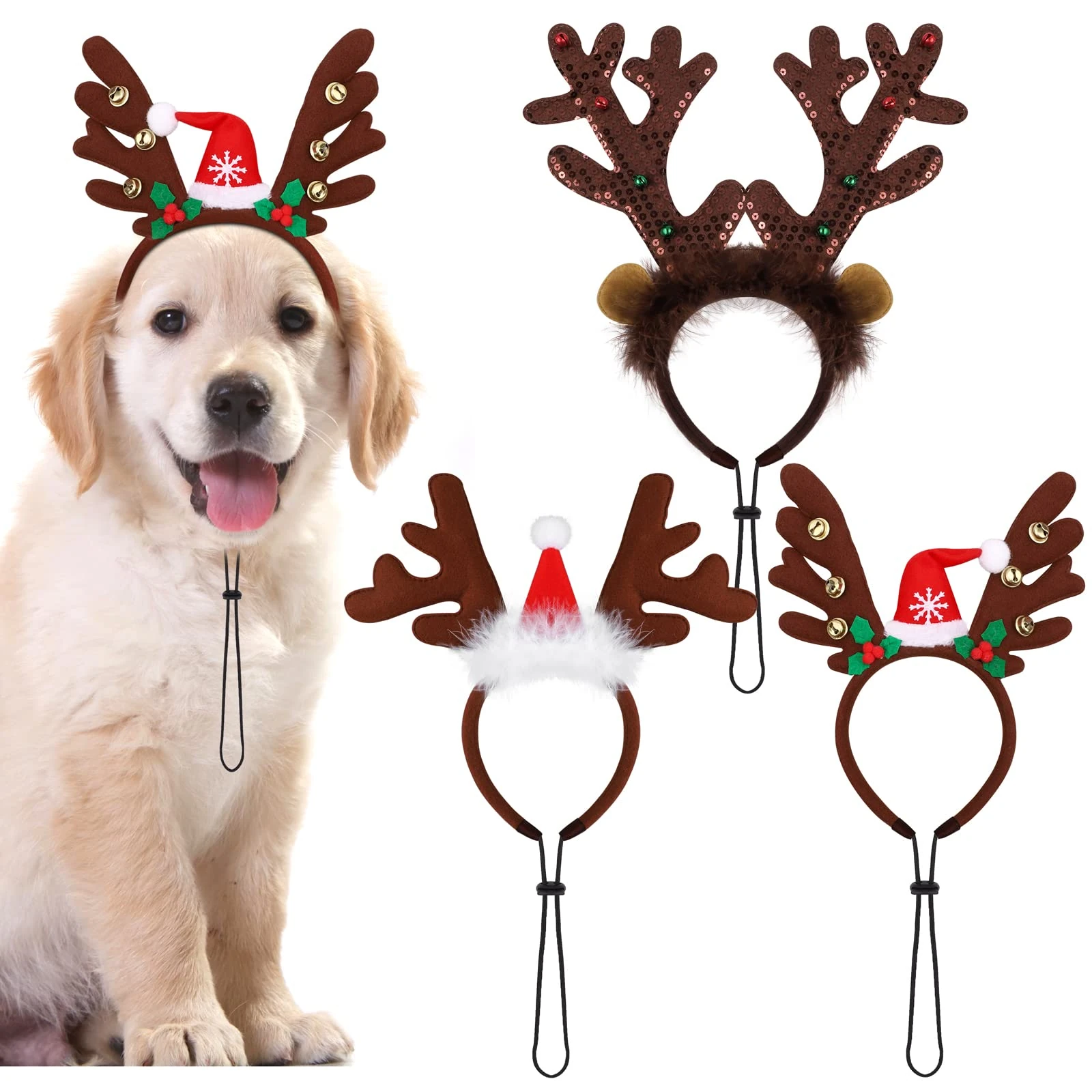 Pedgot 3 Pack Christmas Pet Headwear Xmas Hair Loop Brown Reindeer Antlers Headband Christmas Pet Costume Hair Accessory for Dogs