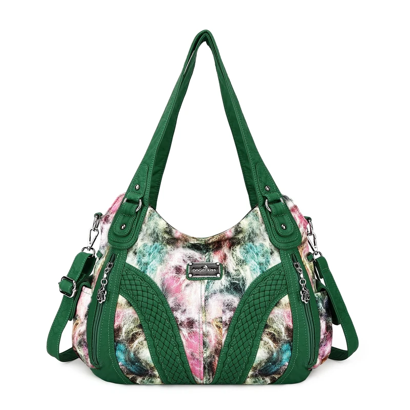 Angel Kiss Purses and Handbags Women Fashion Tote Bag Shoulder Bags Top Handle Satchel Purses Washed Synthetic Leather Handbag, 3-green/Green, 13.8 * 4.7 * 11.8 inches