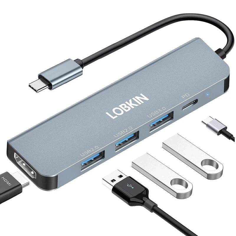 USB C Hub,LOBKIN 5 IN 1 USB C to HDMI Adapter,USB C Dongle Macbook Pro Air USB Adapter,PD 100W,1 USB 3.0 Port,2 USB 2.0 Ports,USB-C Multi-Port Adapter for Laptop,Chromebook,Mac