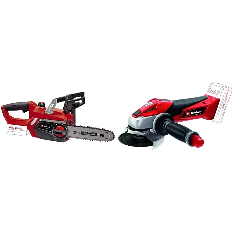 Einhell GE-LC 18/25 Li-Solo Power X-Change Cordless Chainsaw & 4431110 TE-AG 18 Li Solo Power X-Change 115 mm Cordless Angle Grinder, Black/Red/Stainless Steel, 11.0 cm*26.5 cm*13.3 cm