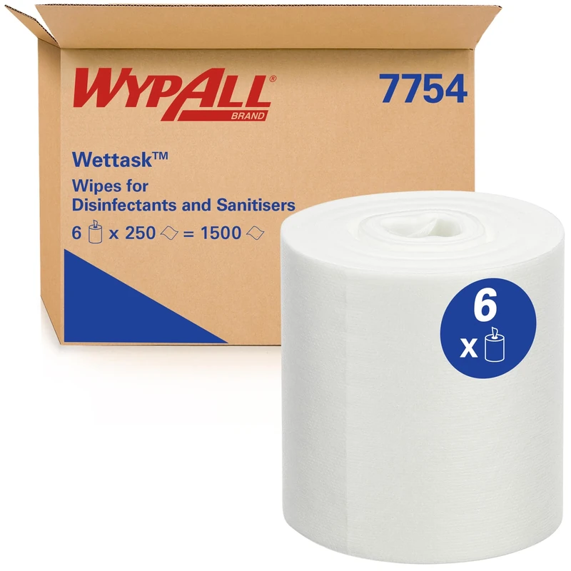 WypAll Wettask Wipes for Disinfectants & Sanitisers 7754 - Multi Surface Wipes - 6 Rolls x 250 White Cleaning Wipes (1,500 Total)