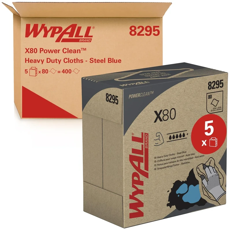 WypAll X80 Power Clean Blue Cleaning Cloths 8295 - Reusable Cloths - 5 POP-UP Boxes x 80 Blue Absorbent Cloths (400 Total)
