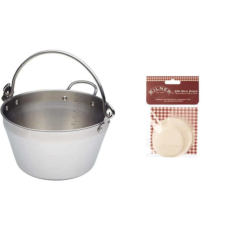 KitchenCraft Jam Pan for Induction Hob with Recipe in Gift Box, Home Made Maslin, Stainless Steel, 4.5 Litre, Silver & Kilner Pack of 200 Preservation Wax Discs, White