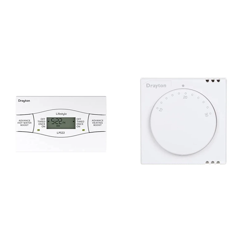 Drayton 123070 LP522 (Mk4) 2 Channel Programmer, White & 24001 RTS1 Standard Room Thermostat, 230 V, White