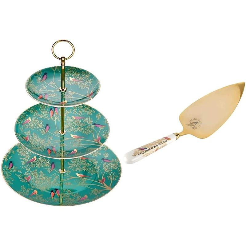 Sara Miller for Portmeirion Chelsea 3 Tier Cakestand Green, Ceramic, 280 x 280 x 60 cm and Home & Gifts SMC1104-XG Sara Miller for Chelsea Cake Slice, Ceramic, Multi-Colour, 25cm