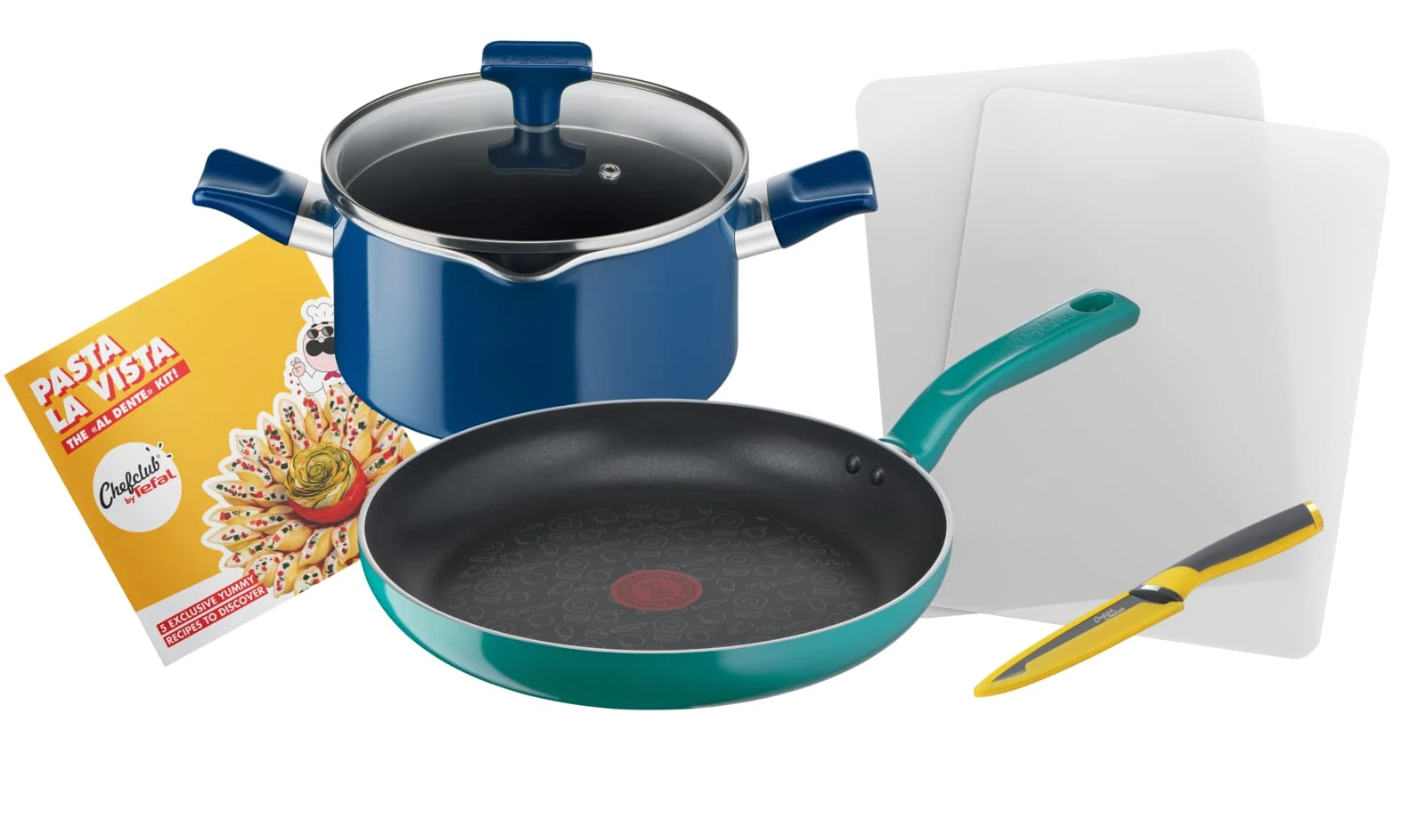 Tefal Chefclub by Tefal Pasta La Vista Cookware Set: Frypan 28 cm, Stewpot 20 cm, Utility Knife, Cutting Board, Recipe Booklet G804S404, Green and Blue