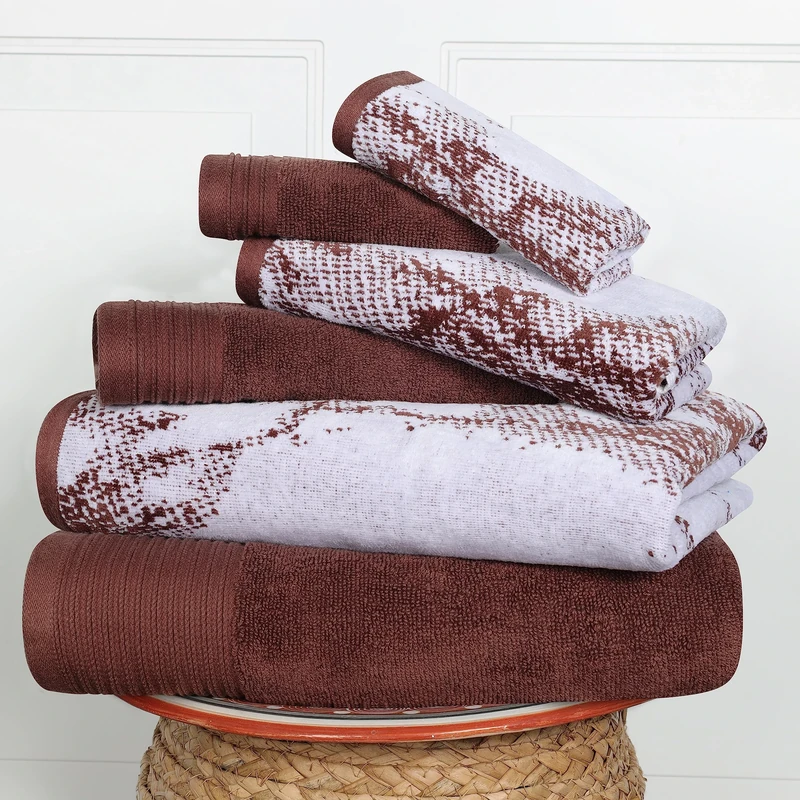Superior Cotton Towel Set, Absorbent, Fast-Drying 6-Piece Towels, Bathroom Decor, Marble Solid Pattern, Includes 2 Bath, 2 Face, and 2 Hand Towels, Brown