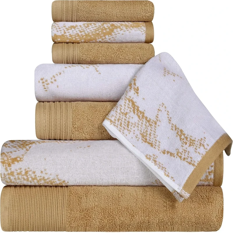 Superior Cotton 8 Piece Assorted Solid and Marble Towel Set, Includes 2 Bath, 2 Hand, 4 Washcloths/Face Towels, Soft, Absorbent, Decorative Bathroom Accessories, Home Essentials, Bronze