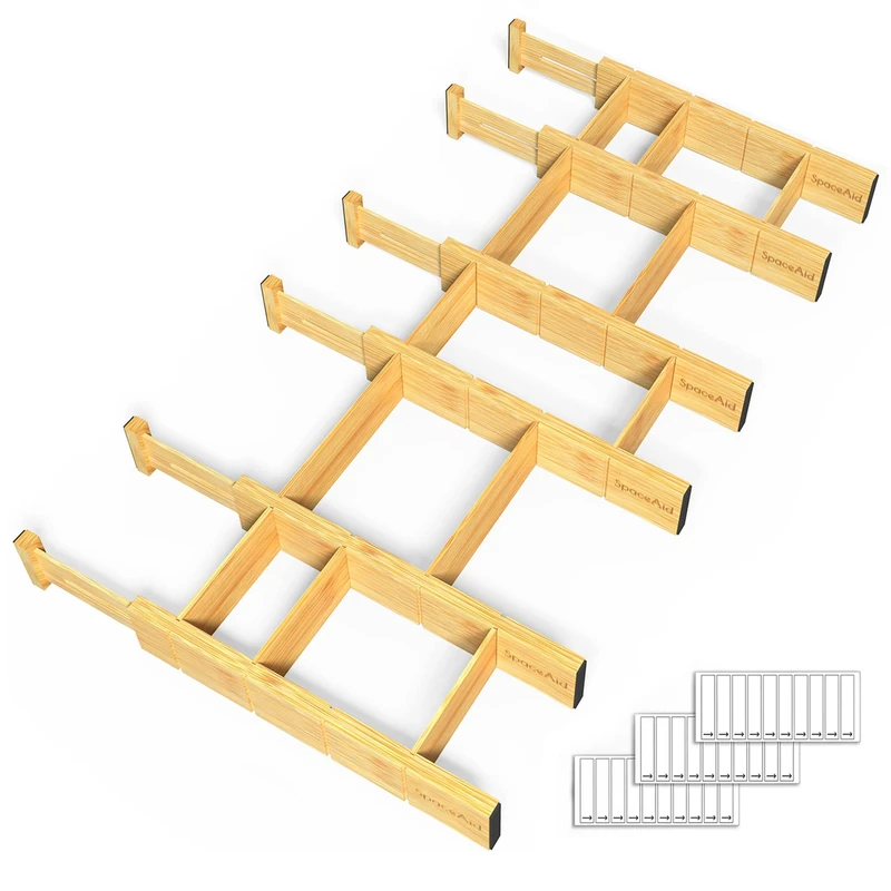 SpaceAid Bamboo Drawer Dividers with Inserts and Labels, Kitchen Adjustable Drawer Organizers, Expandable Organization for Home, Office, Dressers and Bathroom, 6 Dividers with 12 Inserts (13.25-17 in)