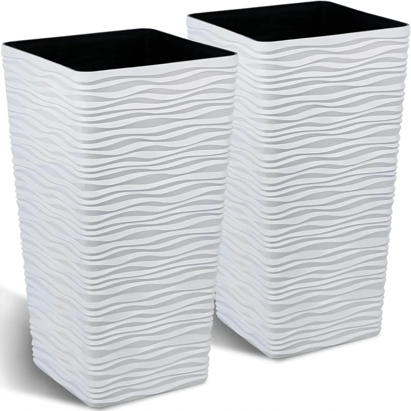 Worth Garden Tall Square Planters 22 Inch for Outdoor Plants Indoor Tree Set of 2 Large White Flower Pots Front Porch Modern Matte Wavy Finish Decorative 7 Gallon Containers Home Balcony Patio Deck