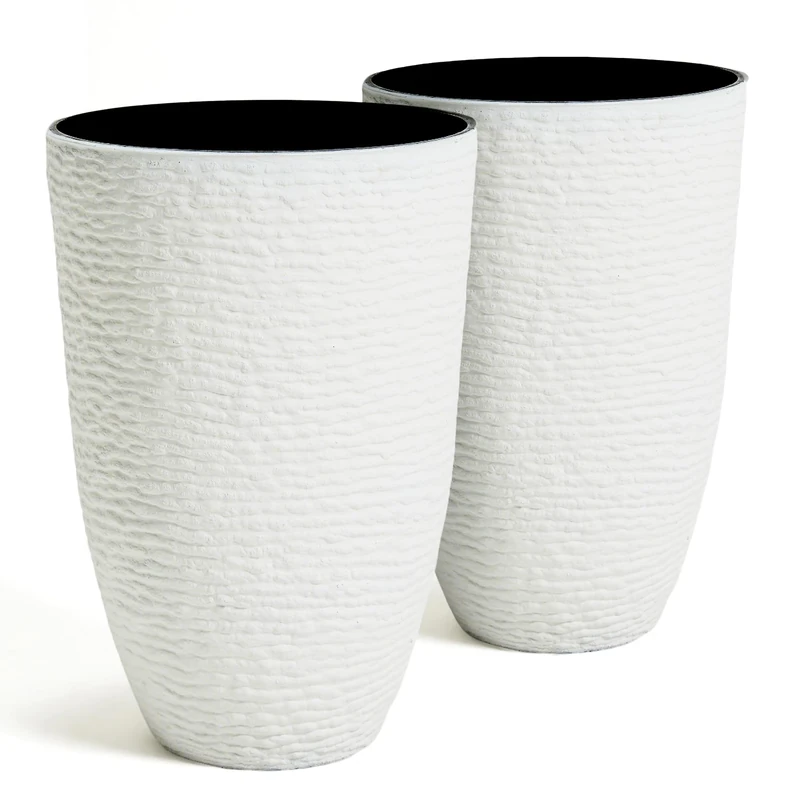 Worth Garden 2-Pack 21" H. White Tall Planters - 14'' Dia Resin Large Round Flower Pots for Outdoor Plants Trees - Imitation Stone Finish Plastic Indoor Front Porch 9 Gallon Decorative Container Patio
