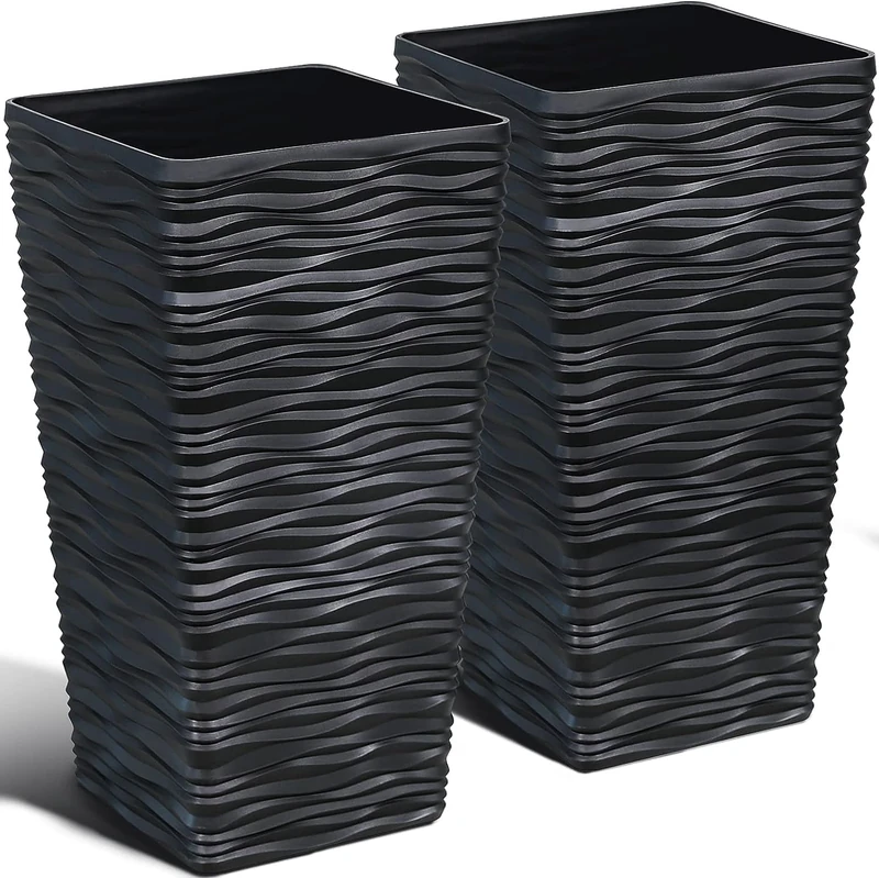 Worth Garden 2-Pack Black Tall Tree Planter - Plastic Square Tapered Plant Pots for Indoor Outdoor - 22" H - Modern Wavy Finish Decorative Flower Pots for Front Porch Containers Patio Deck