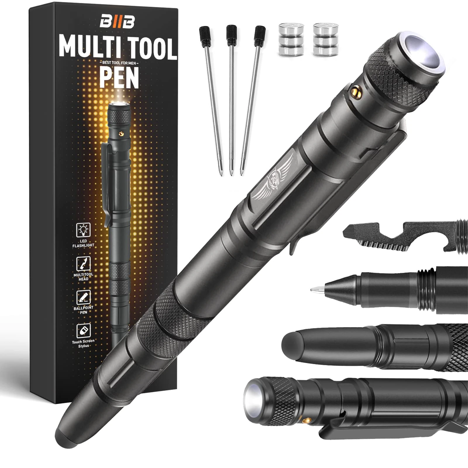 BIIB Gifts for Men, Multi Tool Pen with LED, Multi Tool Gadgets Stocking Fillers for Men, Mens Gifts for Dad Birthday Presents for Dad Christmas Stocking Fillers for Him, 7 in 1 Fidget Pen