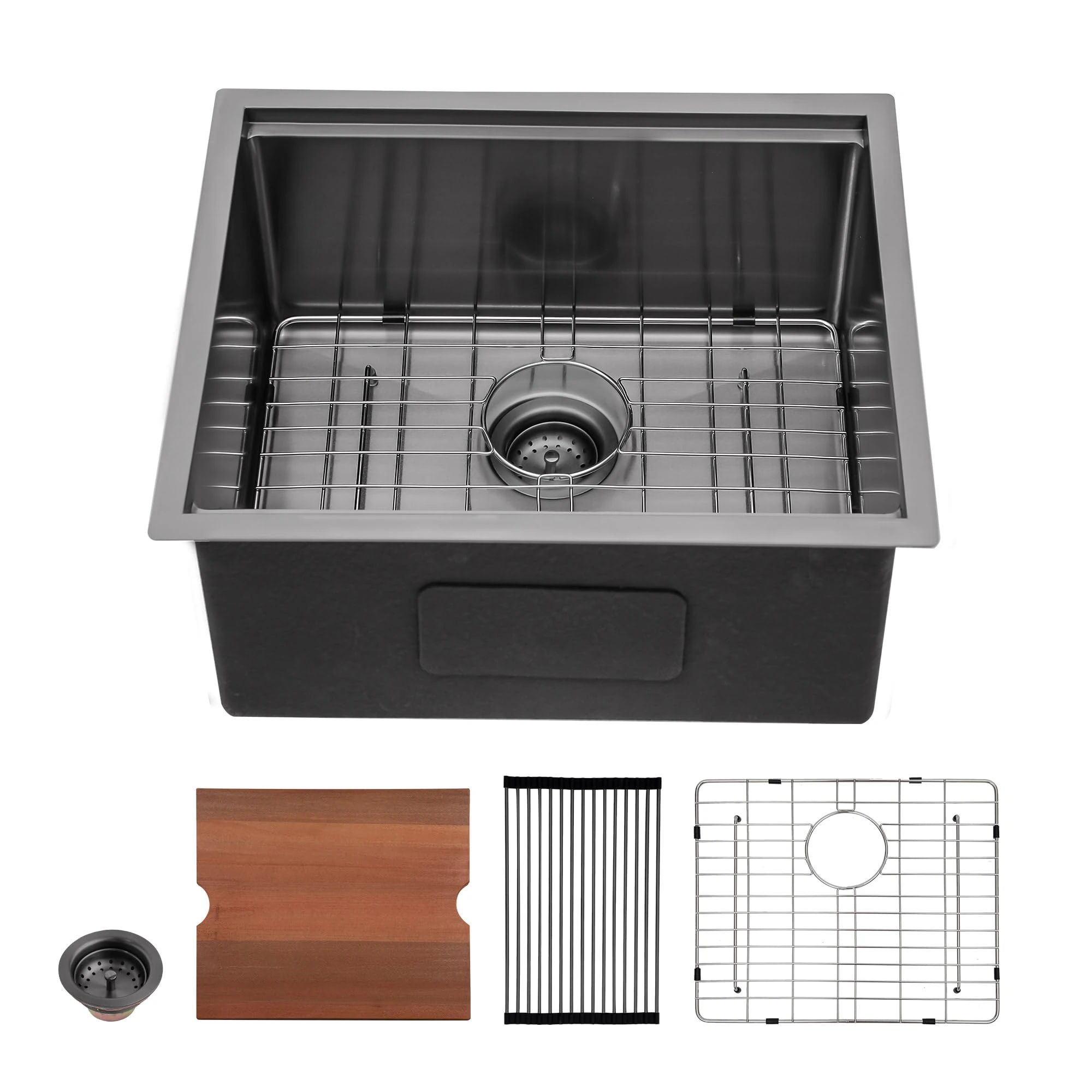 Sarlai 21" x 19" Black Bar Sink - Undermount, Stainless Steel, Single Bowl, Workstation, Gunmetal Black, 16 Gauge, Kitchen Sink Basin with Accessories