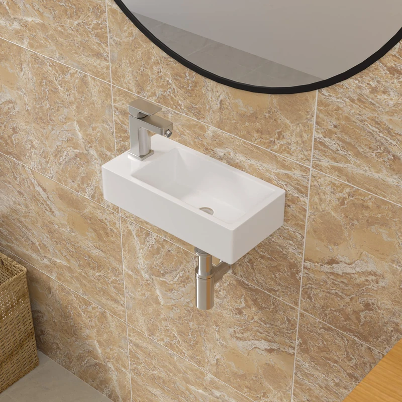 Sarlai Floating Vessel Sink - 15"x7" Wall Hang Small Bathroom Sinks Modern Rectangle Floating White Porcelain Ceramic Garden Wash Hand Sink, Left Hand