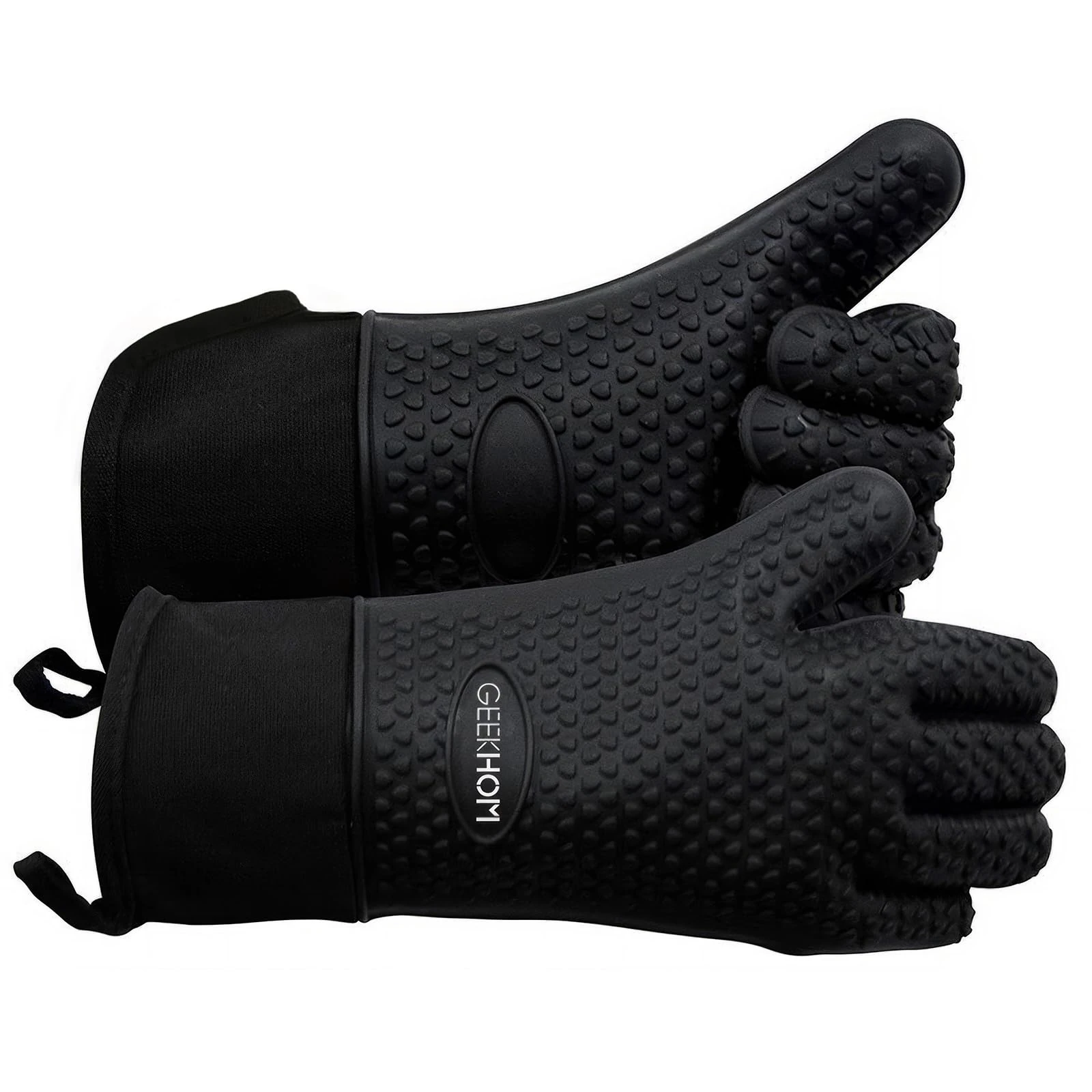GEEKHOM BBQ Gloves X-Large, Heat Resistant Kitchen Silicone Oven Mitts, Waterproof Oven Gloves, BBQ Grill Accessories for Baking, Fryer, Smoker, Weber, Pizza, Microwave, Non-Slip, Black