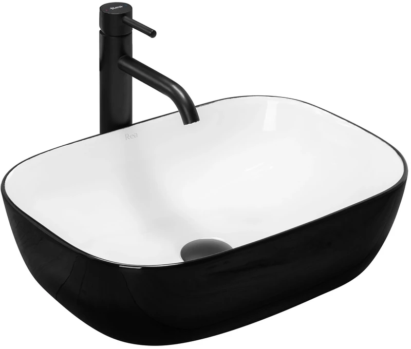 Rea Washbasin, Countertop Washbasin, Ceramic Hand Washbasin, Countertop, Washbasin, Rectangular, Black, White, 33 x 46 cm, Bathroom