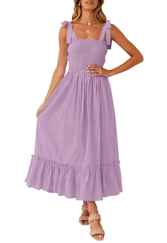 ZESICA Women's 2025 Summer Boho Spaghetti Strap Square Neck Solid Color Ruffle A Line Beach Long Maxi Dress, Lavender, Small