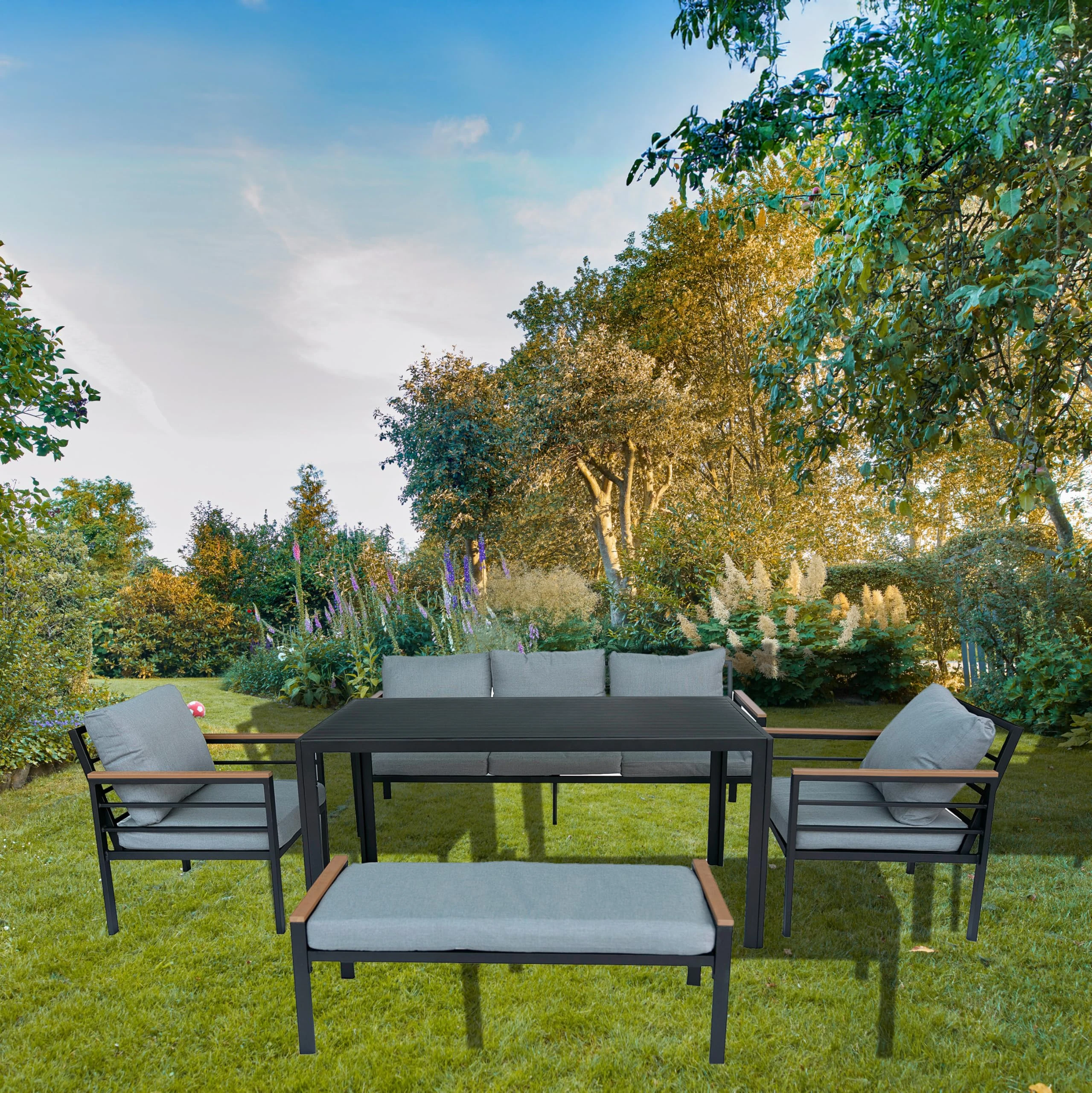 6 Seater Aluminium Garden Furniture Set Black Frame – Outdoor Sofa Set with Bench, Armchairs and Dining Table – Grey Cushions, Modern Patio Lounge Dining Set