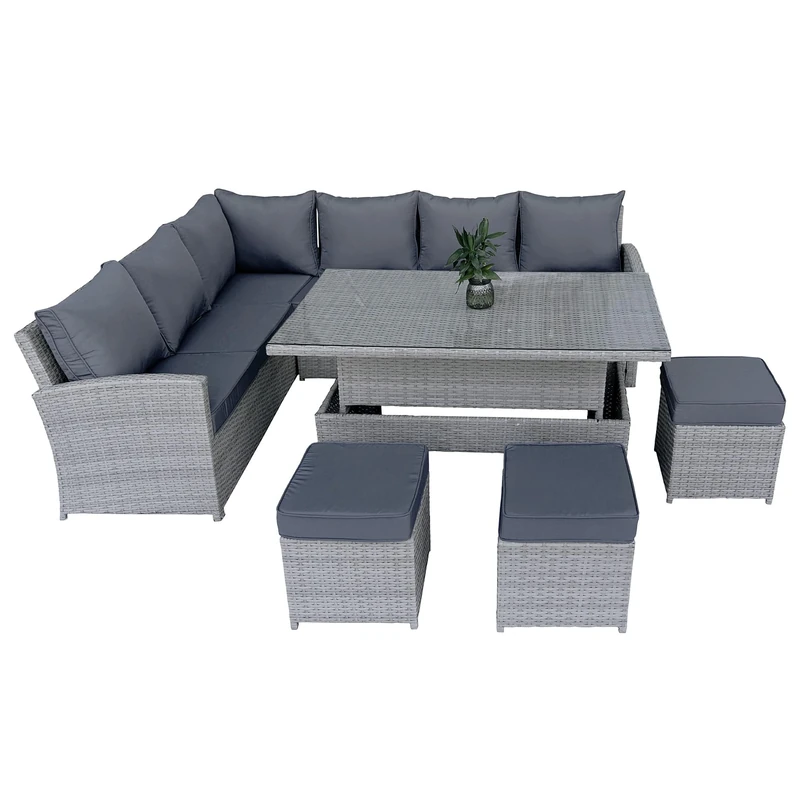 Rattan Garden Furniture Set with Rising Table 9 Seater – Outdoor Corner Sofa Dining Set with Adjustable Table and Footstools – Steel Frame Patio Set with Cushions – Grey Wicker